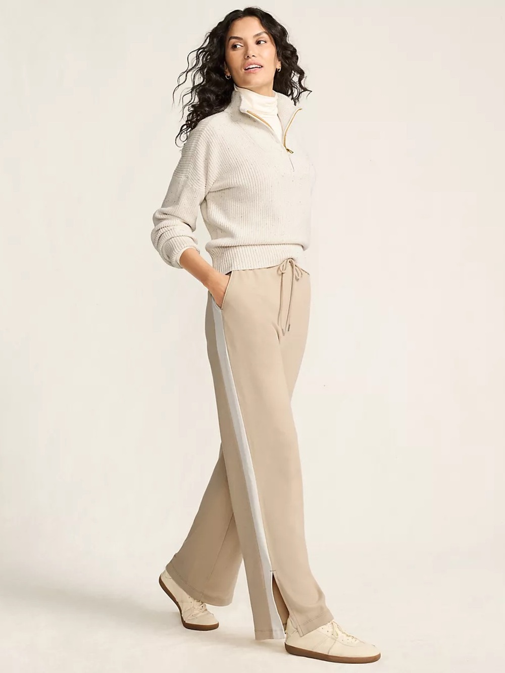 Land’s End Beige Wide-Leg Track Pants with Side Stripe